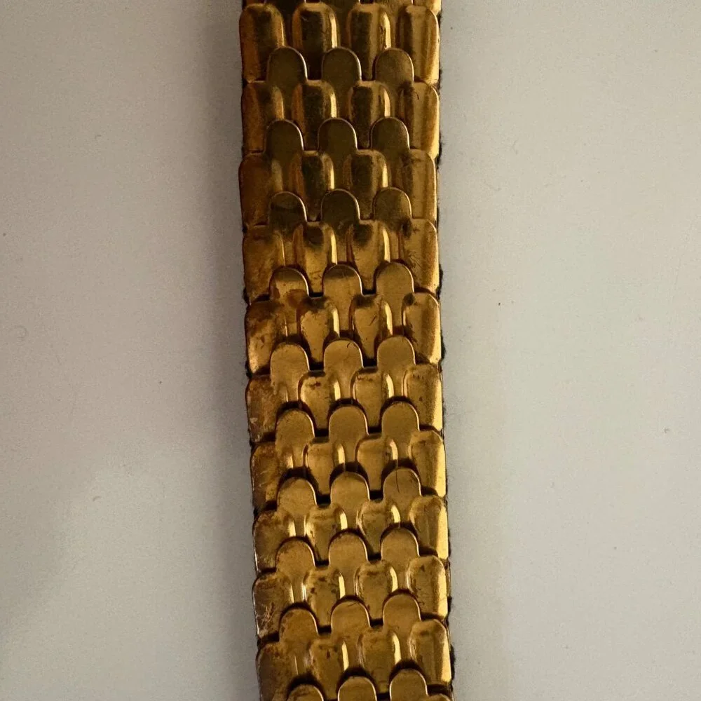 Copper-Tone Metal Mermaid Scales Stretch Belt Rhinestone Hook Closure Vintage